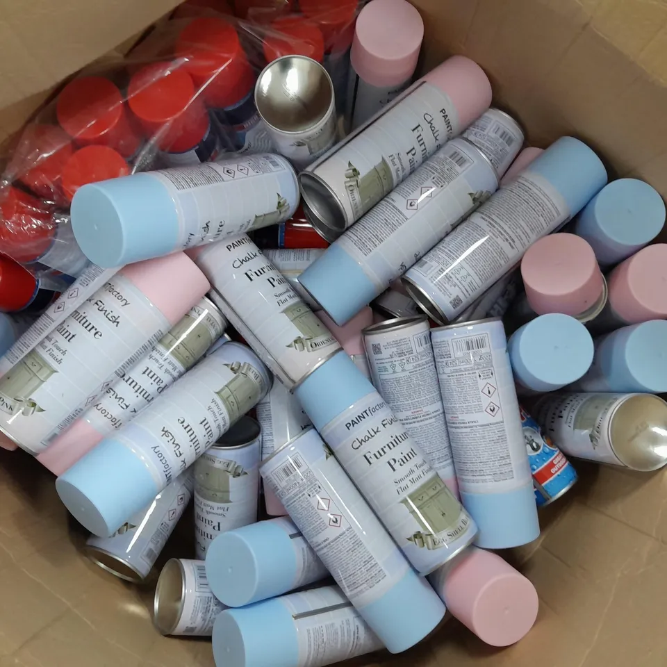 APPROXIMATELY 45 ASSORTED AEROSOLS TO INCLUDE PAINTFACTORY CHALK FURNITURE PAINT IN ORIENTAL PINK AND EGG SHELL BLUE (400ml), HOME & GARDEN WATERPROOF SPRAY (300ml), ETC