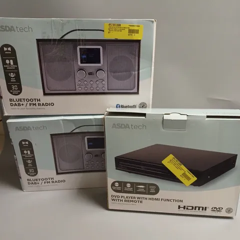 3 ASSORTED ASDA TECH PRODUCTS TO INCLUDE BLUETOOTH DAB+ RADIO AND DVD PLAYER