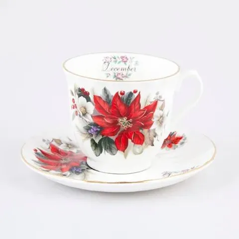 BOXED FLOWERS OF THE MONTH BONE CHINA TEACUP & SAUCER