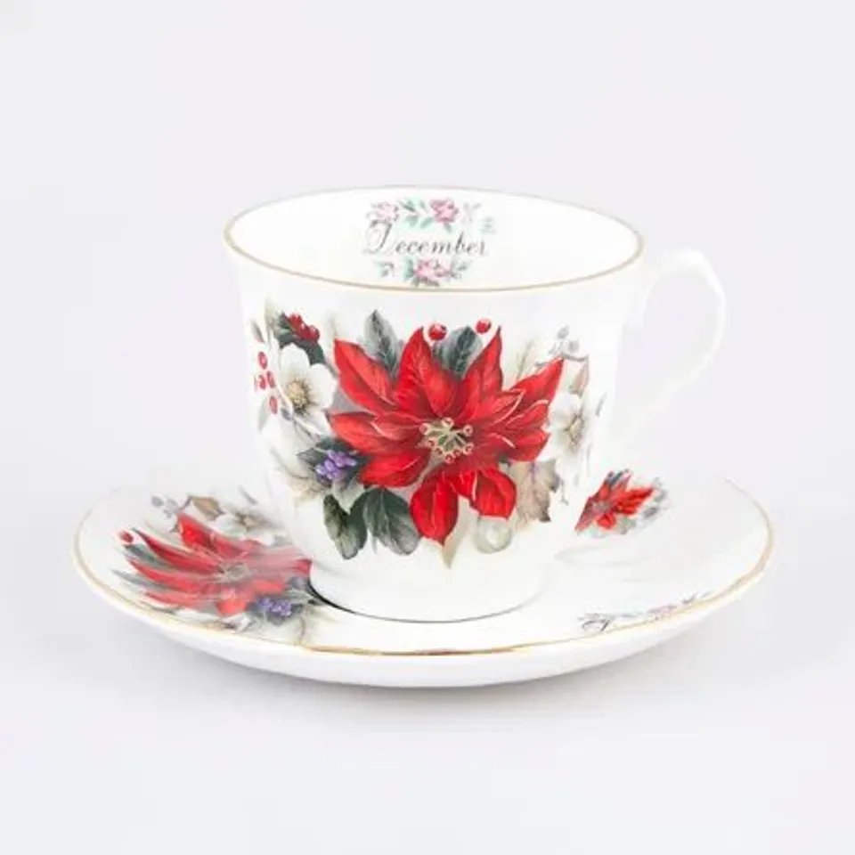 BOXED FLOWERS OF THE MONTH BONE CHINA TEACUP & SAUCER