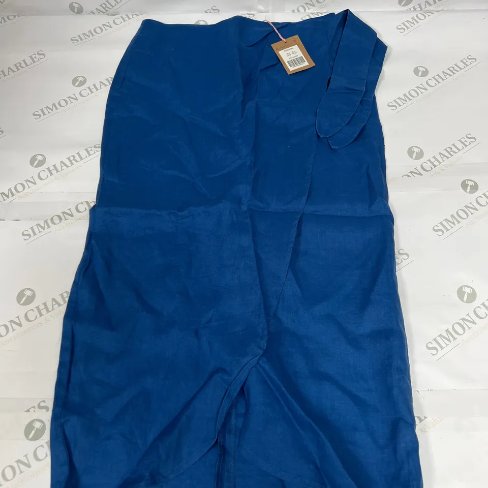 BODEN WRAP FRONT LINEN MIDI SKIRT IN BLUE SIZE 6