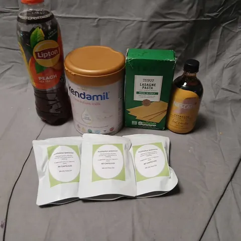 EIGHT ASSORTED PRODUCTS TO INCLUDE; NESCAFE ICED VANILLA, TESCO LASAGNE PASTA, KENDAMILL FIRST INFANT MILK AND LIPTON PEACH ICE TEA