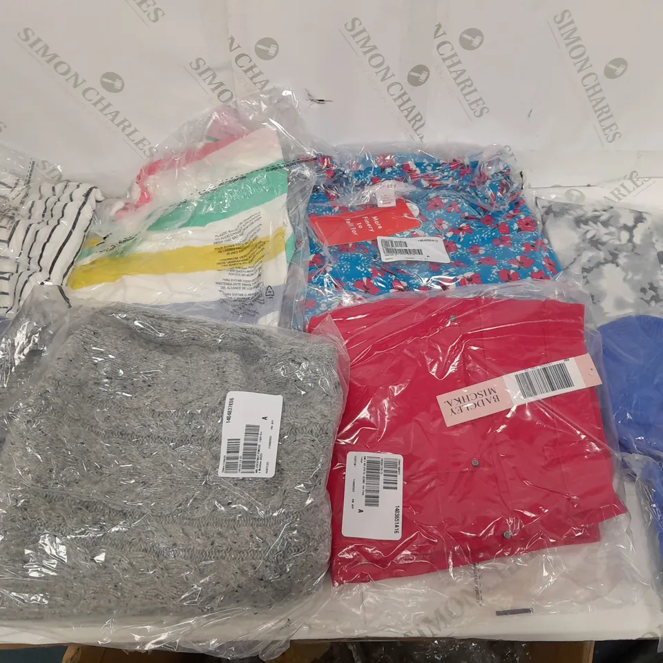 BOX OF APPROXIMATELY 20 VARIOUS CLOTHING ITEMS TO INCLUDE TOPS, BAGS, DRESSES, AND PONCHOS ETC. 