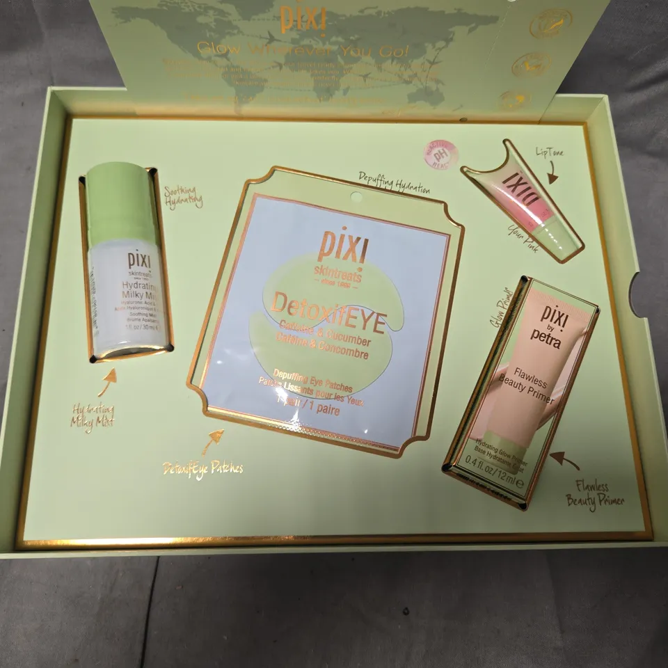 PIXI GLOW KIT SKINCARE & MAKEUP SET – HYDRATING MILKY MIST, DETOXIFY EYE PATCHES & FLAWLESS BEAUTY PRIMER (BOXED)