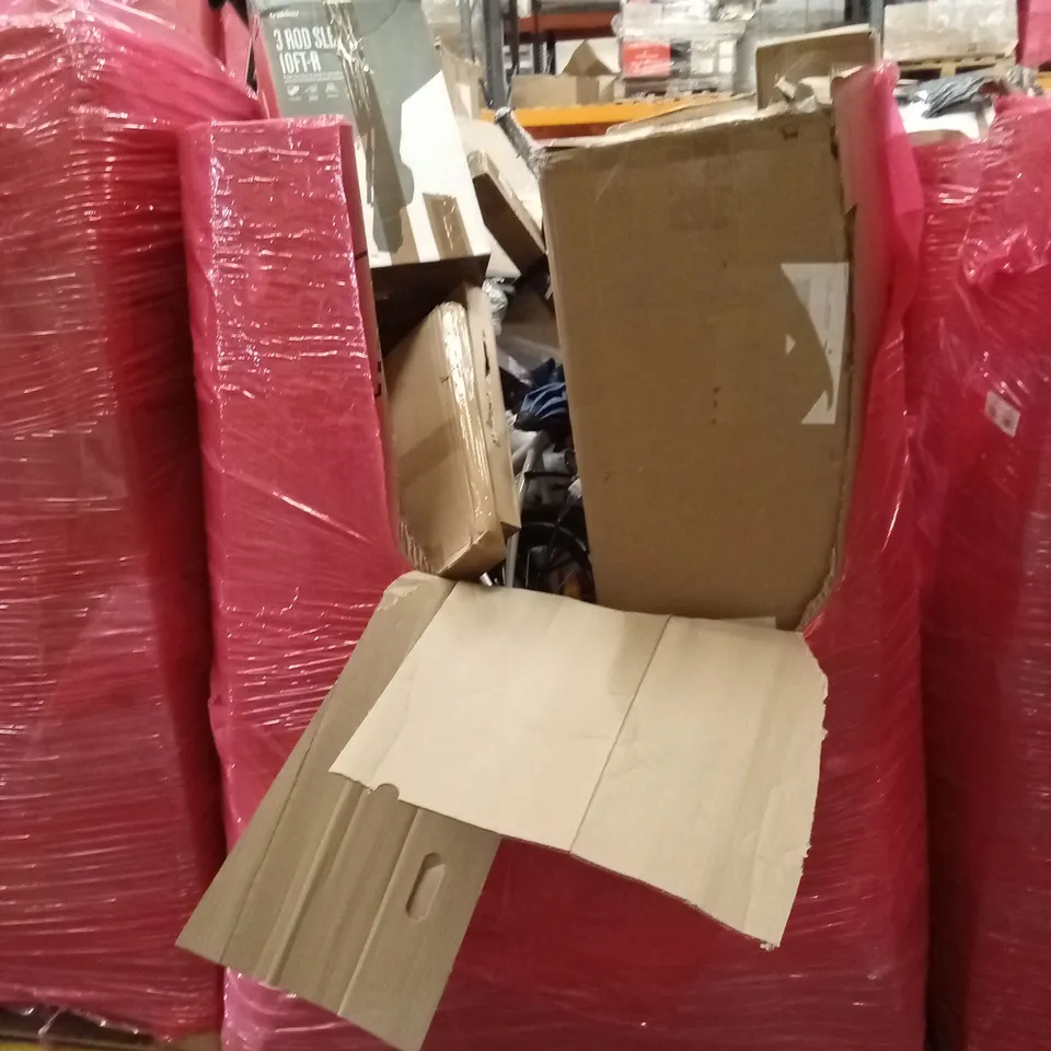 PALLET OF ASSORTED HOUSEHOLD GOODS AND PRODUCTS TO INCLUDE;  BIKE, FISHING EQUIPMENT, BOXED FURNITURE ETC 