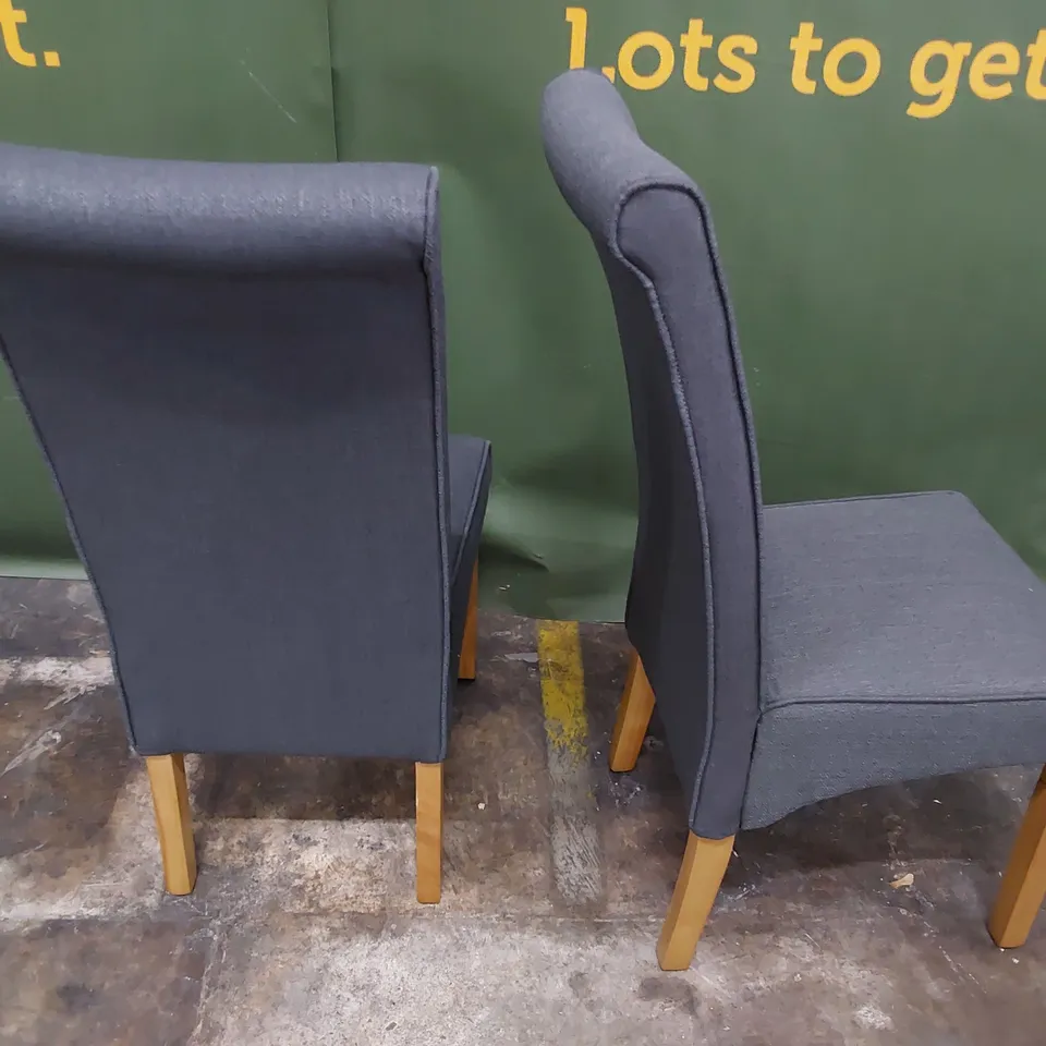 PAIR UPHOLSTERED HIGH BACK DINING CHAIRS CHARCOAL FABRIC ON NATURAL WOOD LEGS 