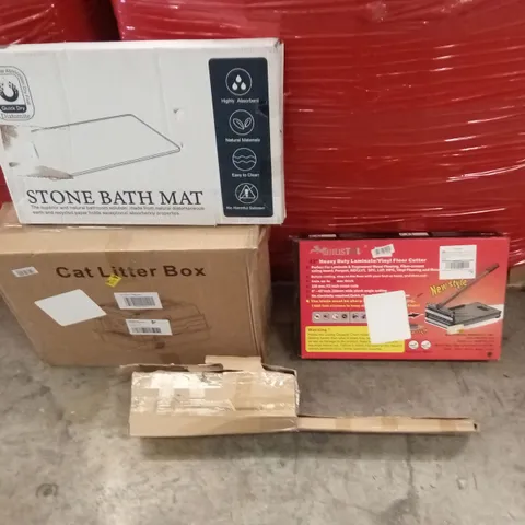 PALLET OF ASSORTED HOUSEHOLD GOODS AND PRODUCTS TO INCLUDE; STONE BATH MAT, HEDGE TRIMMER, HEAVY DUTY LAMINATE/VINYL FLOOR CUTTER AND CAT LITTER BOX ETC