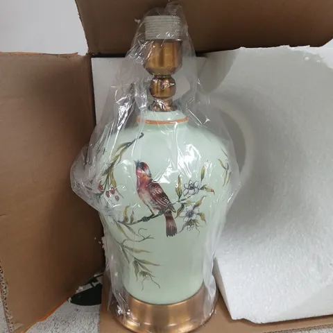 CERAMIC TABLE LAMP WITH BIRD AND BLOSSOM MOTIF; MINT GLAZE + CREAM SHADE