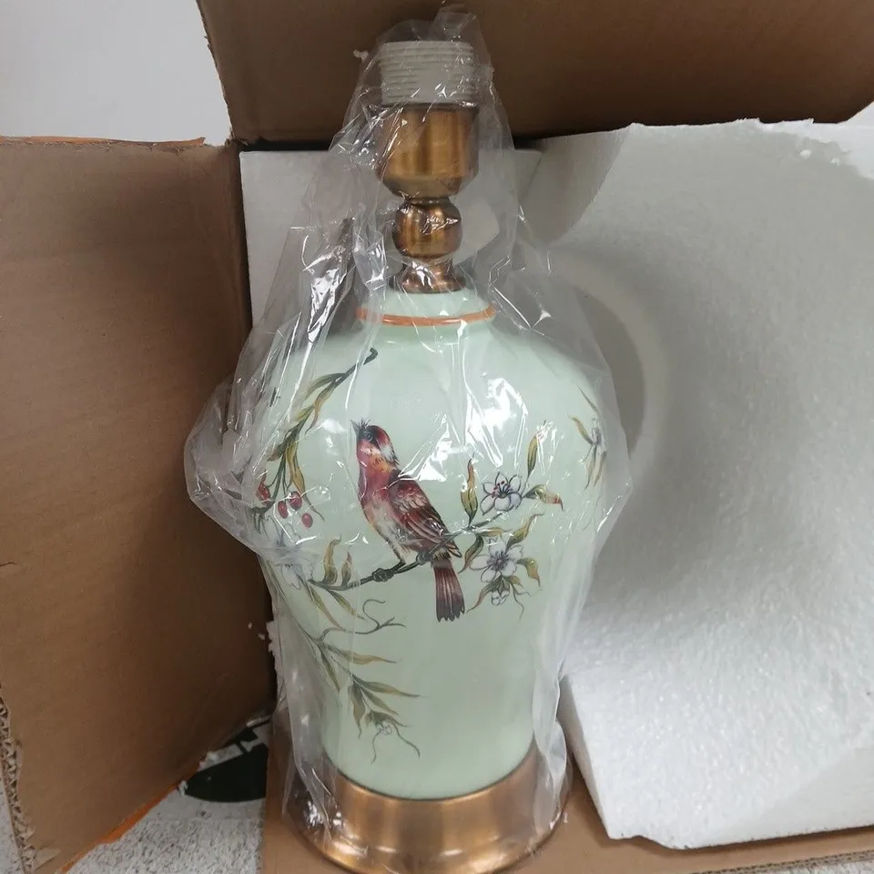 CERAMIC TABLE LAMP WITH BIRD AND BLOSSOM MOTIF; MINT GLAZE + CREAM SHADE