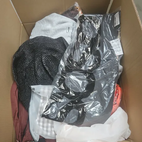 BOX OF APPROXIMATELY 25 ASSORTED CLOTHING ITEMS IN VARIOUS STYLES , COLOURS AND SIZES 
