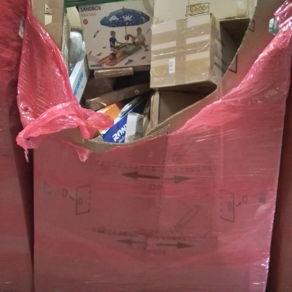 PALLET CONTAINING VARIOUS ASSORTED BOXED HOUSEHOLD ITEMS TO INCLUDE: STORAGE ORGANISER, FOLDABLE WAGON, SAND BOX AN.D LOTS MORE UNMARKED BOXED ITEMS 