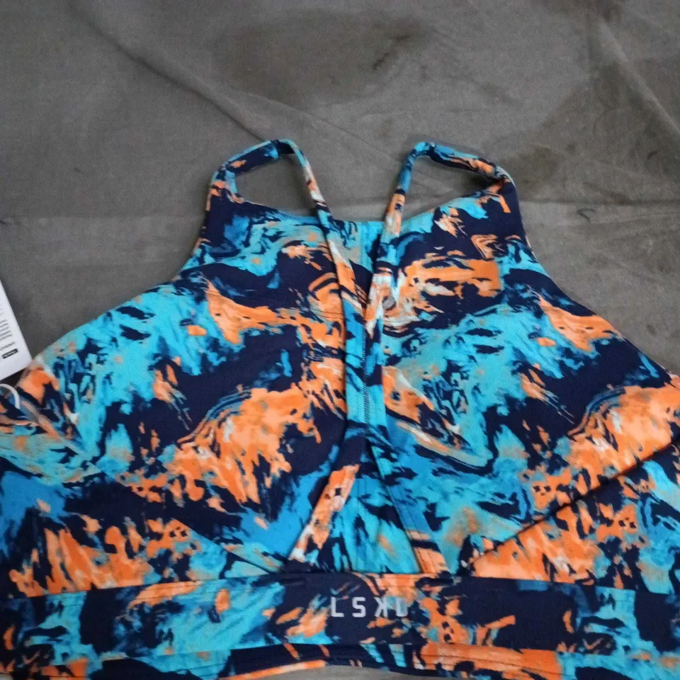LSKD WOMEN'S MEDIUM SUPPORT SPORTS BRA – ABSTRACT TURQUOISE, NAVY & ORANGE PRINT - SIZE L