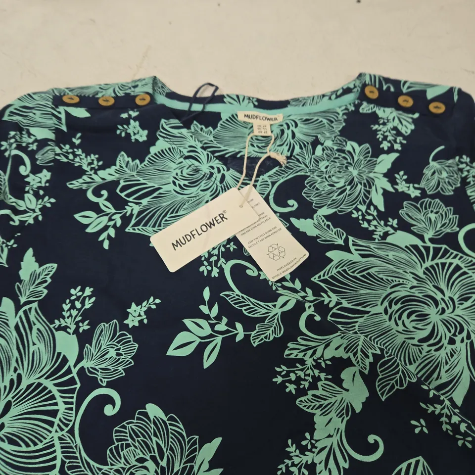 MUDFLOWER WOMEN'S FLORAL BLOUSE- NAVY WITH TEAL PRINT, UK 16