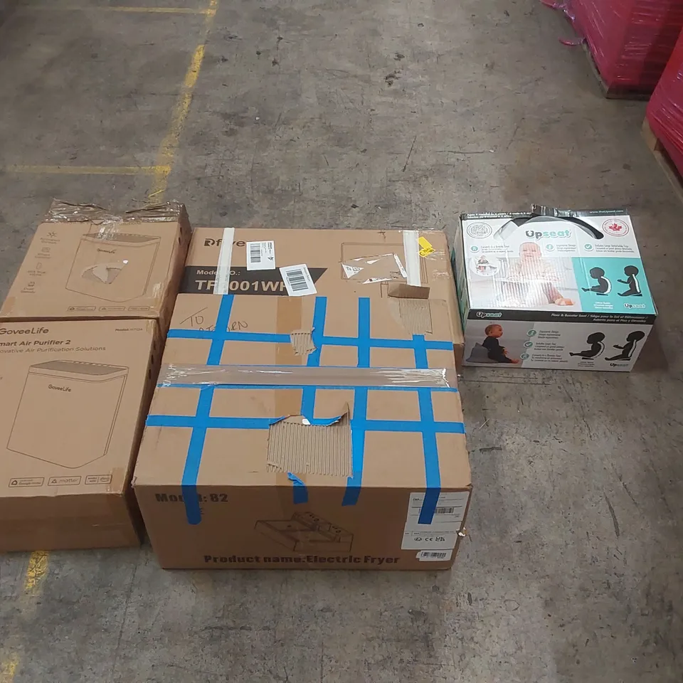 PALLET OF ASSORTED ITEMS INCLUDING: ELECTRIC FRYER, GOVEELIFE SMART AIR PURIFIERS, BABY UP SEAT, MONITOR STAND ECT