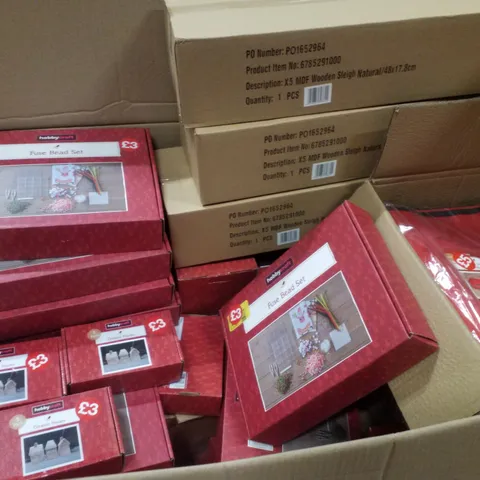 PALLET CONTAINING ASSORTED CHRISTMAS PRODUCTS & DECORATIONS INCLUDING MDF WOODEN SLEIGHS, FUSE BEAD SET, CERAMIC HOUSES & WRAPPING PAPER AND ACCESSORIES STORAGE BAGS