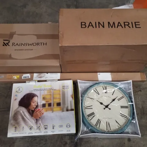 PALLET CONTAINING ASSORTED PRODUCTS INCLUDING SHOWER SYSTEM, BAIN MARIE, LONG WALL LIGHT, HEATED THROW & WALL CLOCK 