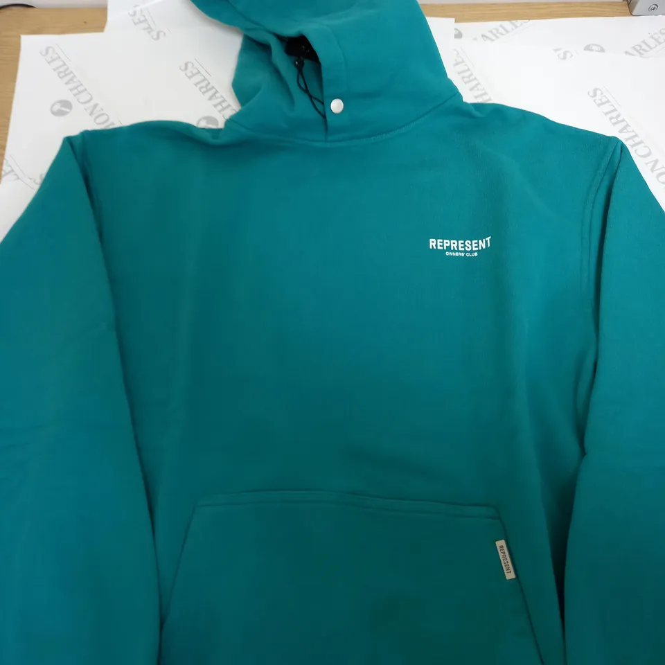 REPRESENT GREEN PLAIN HOODIE WITH BACK GRAPHIC LOGO - M