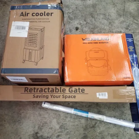 PALLET CONTAINING ASSORTED PRODUCTS INCLUDING AIR COOLER, FULL-OPEN TOOL BACKPACK, RETRACTABLE GATE, WINDOW FILM & AUTOMATIC FUEL FLUID WATER SIPHON PUMP