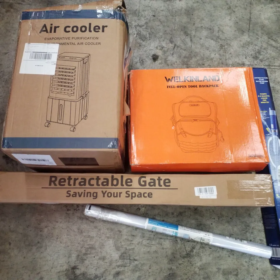 PALLET CONTAINING ASSORTED PRODUCTS INCLUDING AIR COOLER, FULL-OPEN TOOL BACKPACK, RETRACTABLE GATE, WINDOW FILM & AUTOMATIC FUEL FLUID WATER SIPHON PUMP