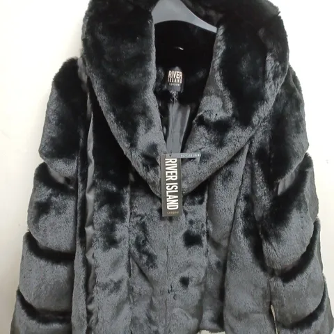 RIVER ISLAND BLACK FAUX FUR COAT - UK M