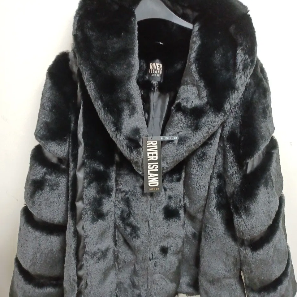 RIVER ISLAND BLACK FAUX FUR COAT - UK M