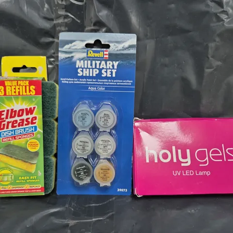 APPROXIMATELY 10 ASSORTED HOUSEHOLD ITEMS TO INCLUDE REVELL MILITARY SHIP SET AQUA COLOUR, ELBOW GREASE REFILL SPONGES, ETC