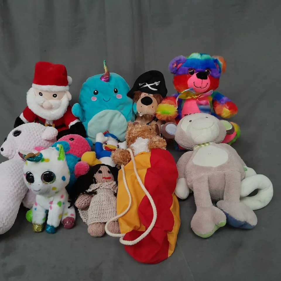 BOX OF ASSORTED PLUSH SOFT TEDDIES TO INCLUDE SANTA CLAUS, DONALD DUCK AND UNICORN