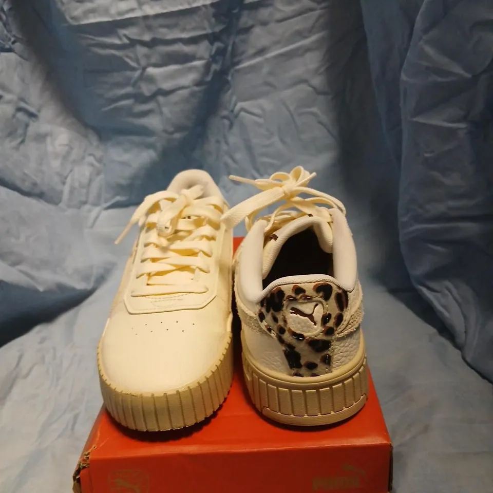 PUMA WOMEN'S SHOES – WHITE/BEIGE LEATHER TRAINERS WITH LEOPARD HEEL PATCH, UK 5 (EU 38)