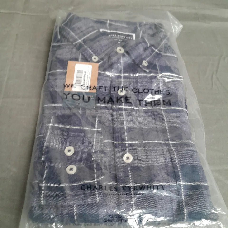 CHARLES TYRWHITT HEATHER BLUE WINDOWPANE CLASSIC FIT TWILL SHIRT SIZE L
