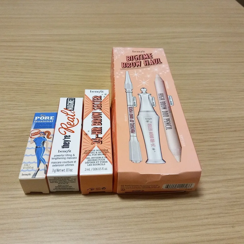 FOUR ASSORTED BENEFIT BIGTIME BROW HAUL, 24 HOUR BROW SETTER, THEY'RE REAL MAGNET MASCARA AND PORE FESSIONAL HYDRATE PRIMER