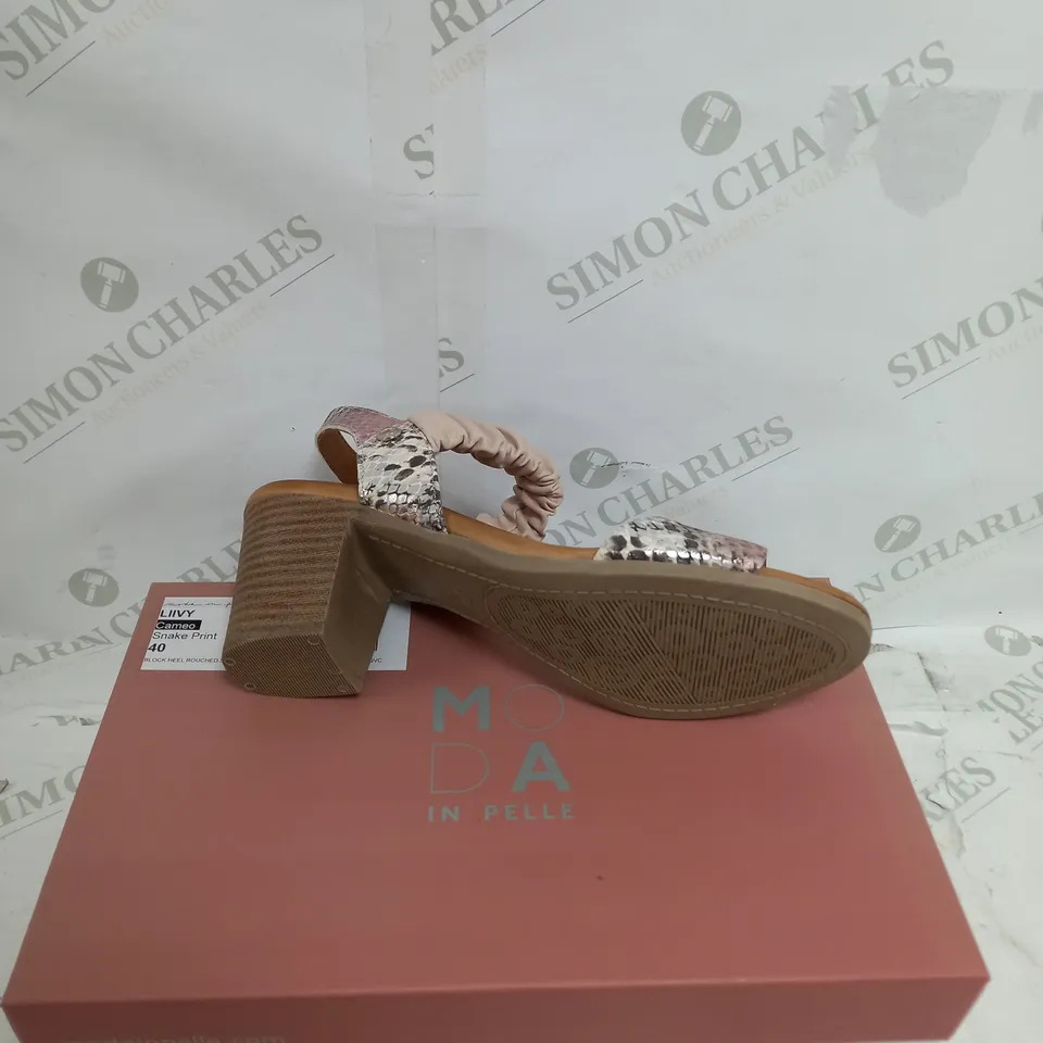 BOXED MODA IN PELLE LIIVY CAMEO SNAKE PRINT BLOCK HEEL ROUCHED SANDAL SIZE 7