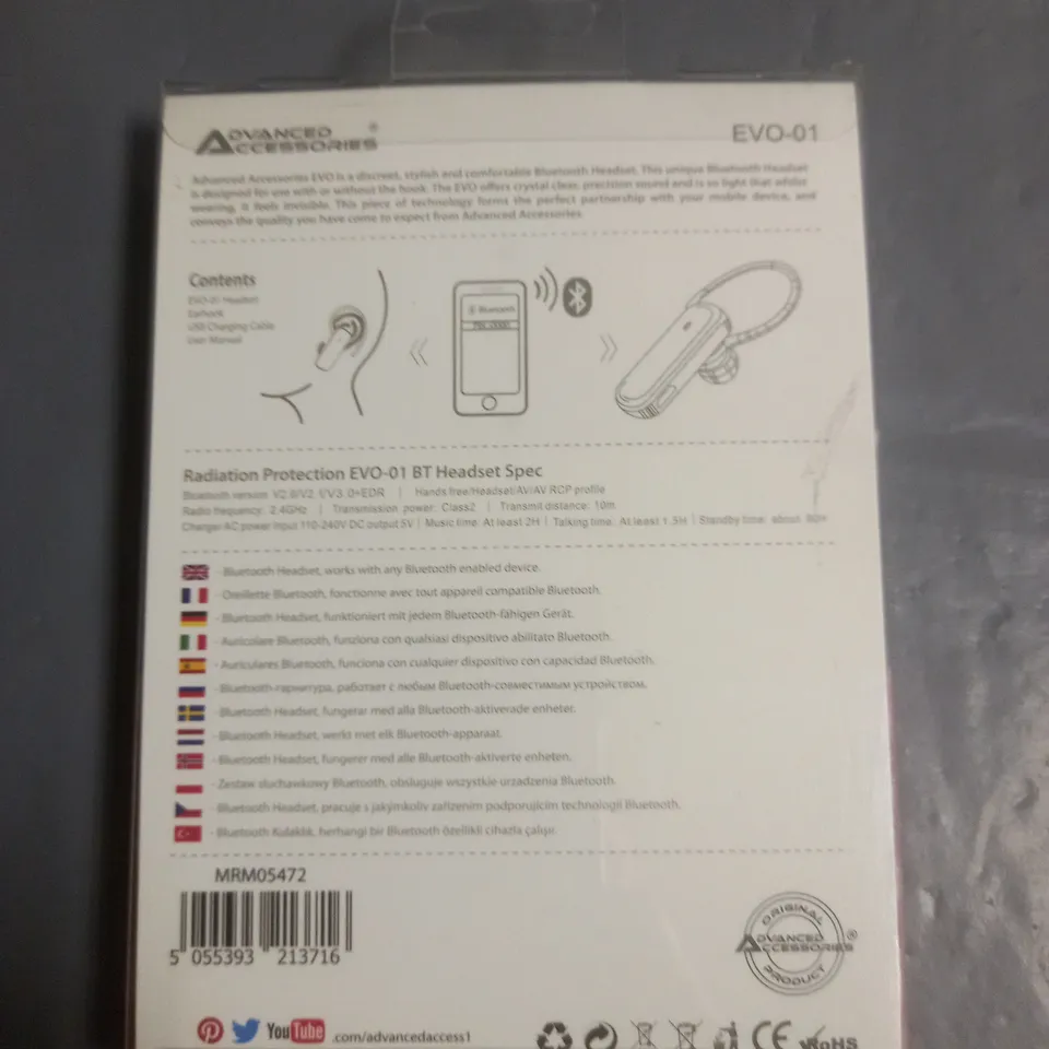 BRAND NEW ADVANCED ACCESSORIES EVO BLUETOOTH HEADSET - EVO-01