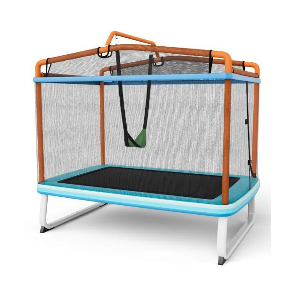 BOXED COSTWAY 190cm 3-IN-1 KIDS RECTANGLE TRAMPOLINE WITH ENCLOSURE NET AND HORIZONTAL BAR - ORANGE