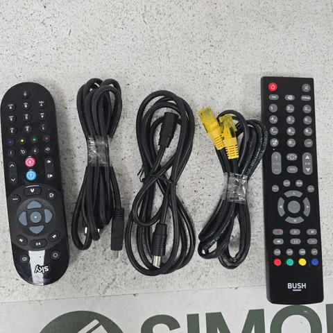 APPROXIMATELY 10 ASSORTED HOUSEHOLD ELECTRICAL ITEMS TO INCLUDE REMOTES, CABLES, AND VARIOUS PLUGS, ETC