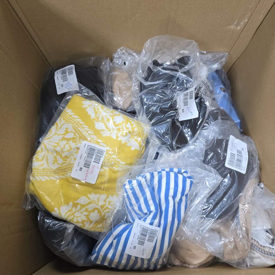 BOX OF APPROXIMATELY 30 ASSORTED CLOTHING ITEMS IN VARIOUS COLOURS, SIZES AND STYLES - CLOTHING NOTED AS FAULTY ON LABELS