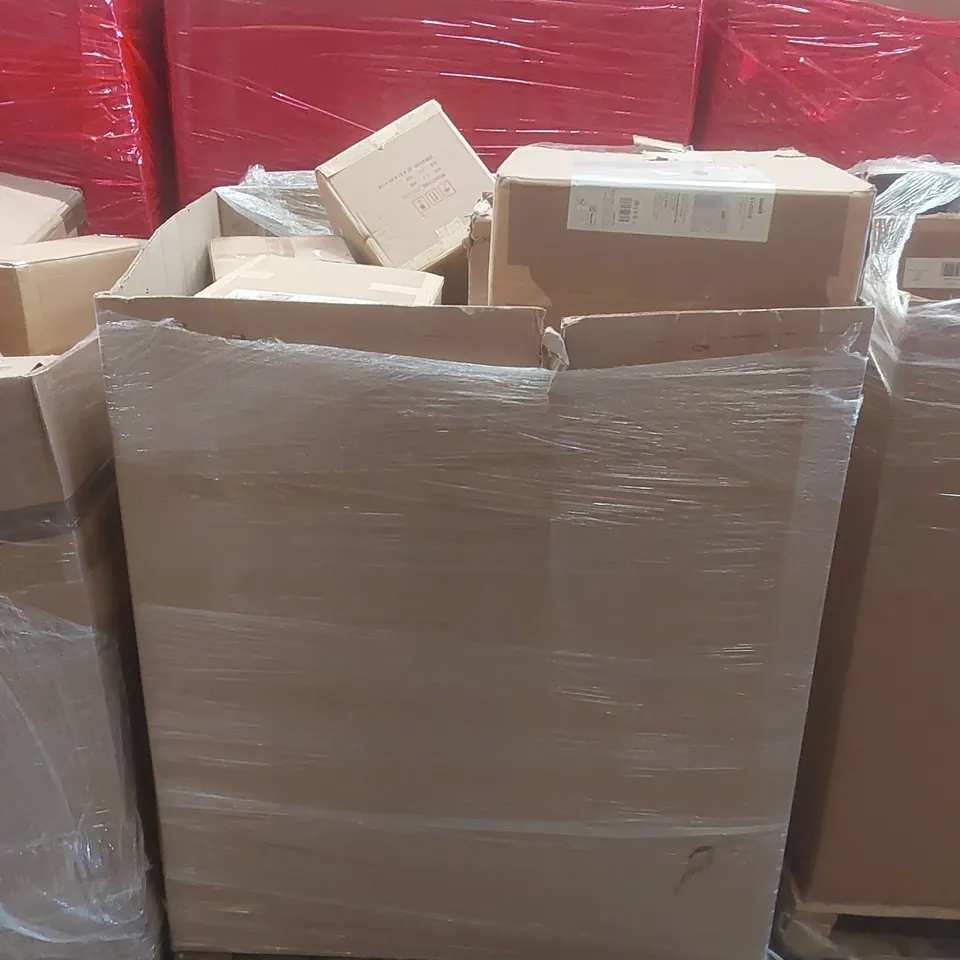 PALLET CONTAINING A VERY LARGE QUANTITY OF ASSORTED DESIGNER LIGHTING PRODUCTS INCLUDING: ELODIE CEILING CLUSTER, HOTEL MELIA TABLE LAMP, AUBURN FLOOR LAMP ECT