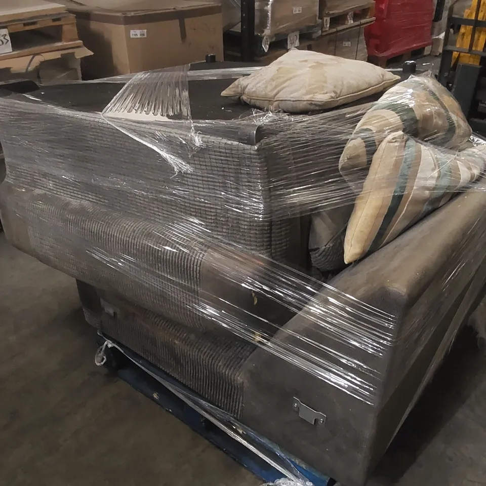 2 X PALLETS TO CONTAIN A SINGULAR FABRIC UPHOLSTERED CORNER SOFA 