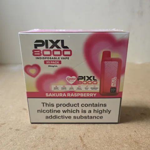 PIX 8000 DISPOSABLE VAPE – SAKURA RASPBERRY, 20 MG/ML, 5-PACK
