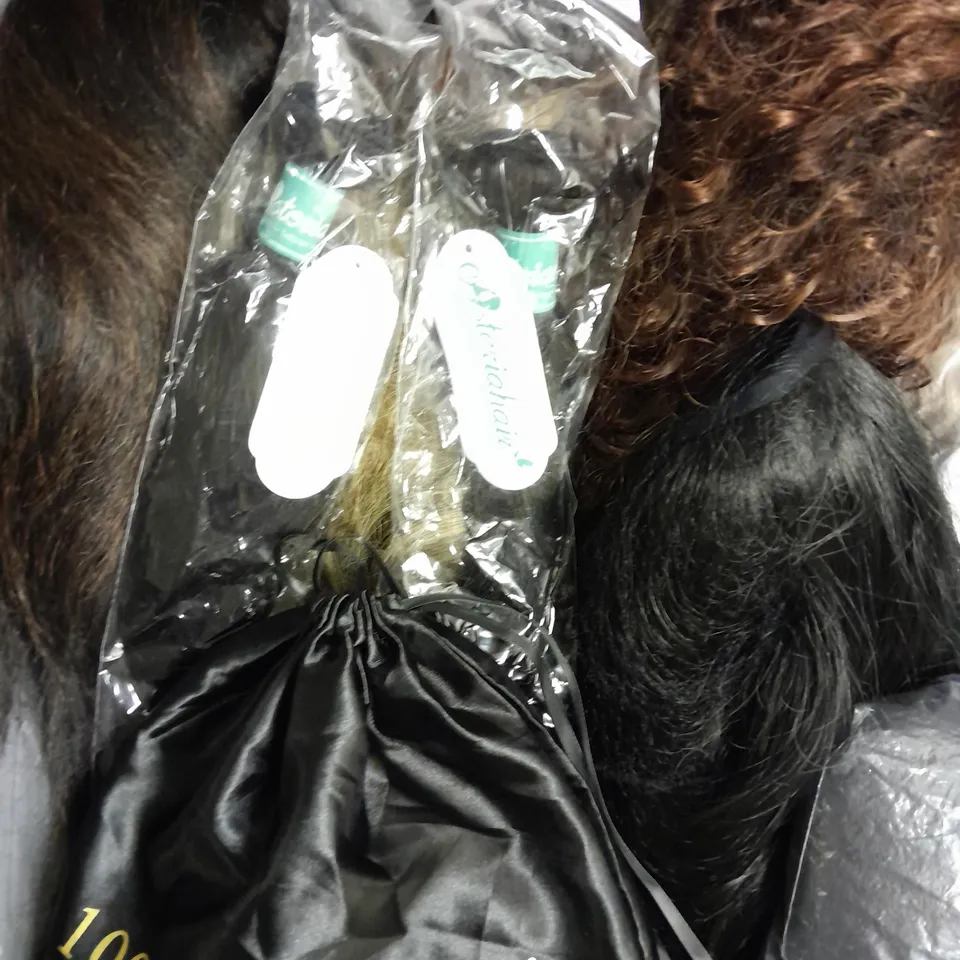 BOX OF APPROXIMATELY 15 WIGS AND HAIR EXTENSIONS IN ASSORTED BRANDS, COLOURS AND STYLES