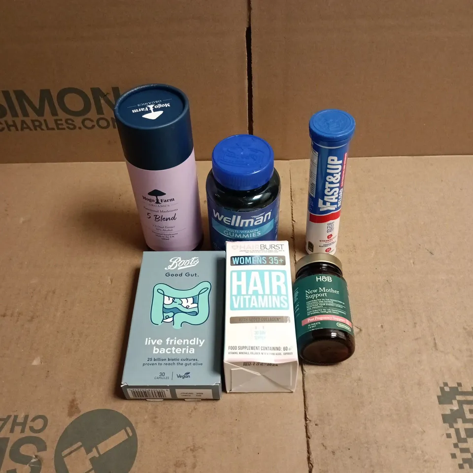 TOTE OF APPROXIMATELY 30 ASSORTED VITAMIN/SUPPLEMENT RELATED ITEMS TO INCLUDE WELLMAN, MOGO FARM MUSHROOM 5 BLEND, BOOTS GOOD GUT, HOLLAND AND BARRETTS NEW MOTHER SUPPORT ETC