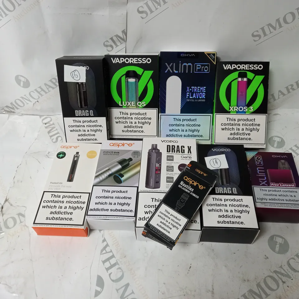 APPROXIMATELY 10 ASSORTED E-CIG PRODUCTS TO INCLUDE ASPIRE, VAPORESSO, VOOPOO 