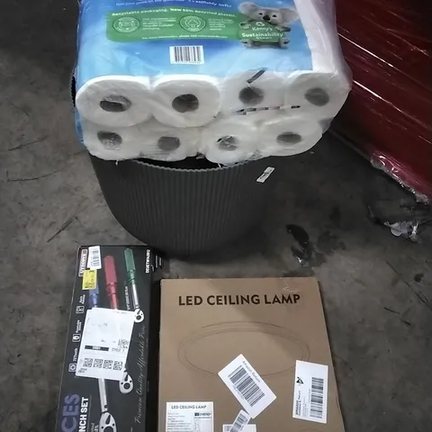 PALLET OF HOUSEHOLD ITEMS TO INCLUDE TORQUE WRENCH SET,TOILET ROLLS, LED CEILING LAMP, PLANT POT AND OTHER ASSORTED ITEMS...