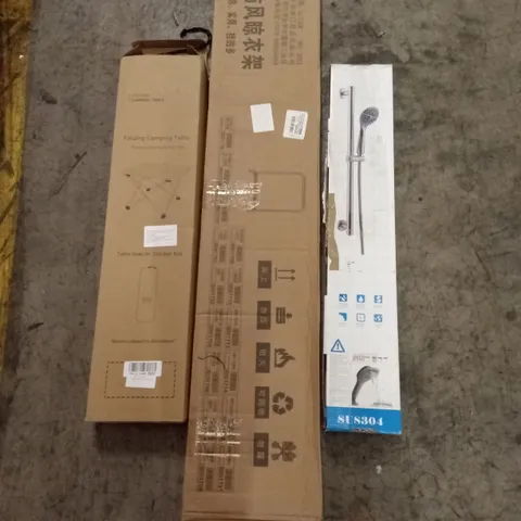 PALLET OF ASSORTED HOUSEHOLD GOODS AND PRODUCTS TO INCLUDE; SHOWER RAIL SETS, FOLDING CAMP TABLE, CLOTHES/COAT HANGING RAILS ETC