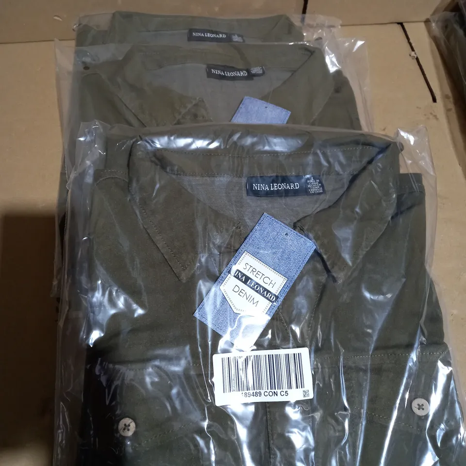 3 X BRAND NEW ELBOW SLEEVE BUTTON UP STRETCH DENIM DRESS BY NINA LEONARD DARK OLIVE LARGE 