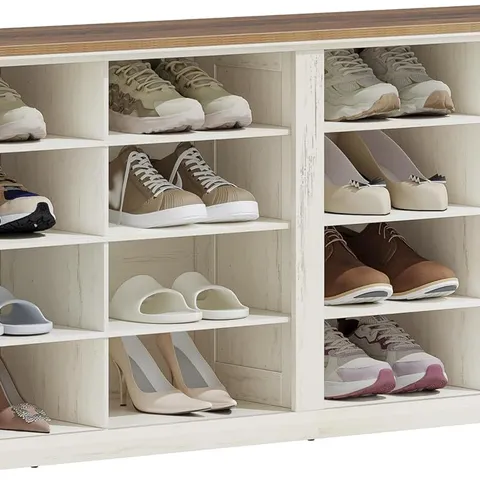 BOXED HZUANERI SHOE BENCH, STORAGE BENCH RACK WITH 16 COMPARTMENTS - WHITE/BROWN (1 BOX)