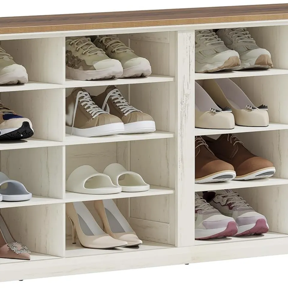 BOXED HZUANERI SHOE BENCH, STORAGE BENCH RACK WITH 16 COMPARTMENTS - WHITE/BROWN (1 BOX)