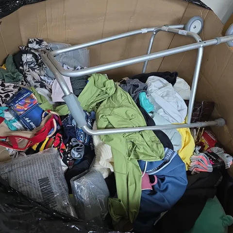PALLET OF APPROX 50 ASSORTED ITEMS TO INCLUDE CLOTHING ITEMS , VIMMER FRAME AND STORAGE BOXES