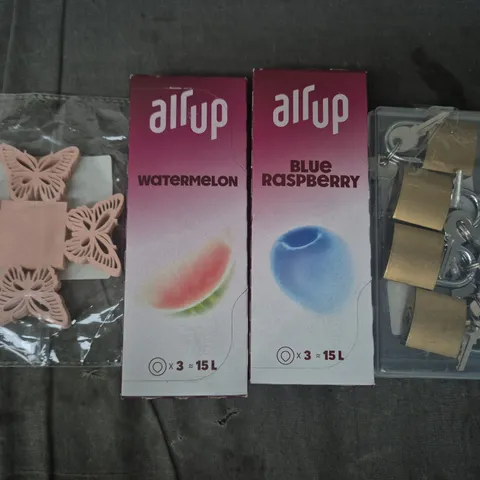 APPROXIMATELY 10 ASSORTED HOUSEHOLD ITEMS TO INCLUDE AIR UP AROMA PODS, PADLOCKS, ETC