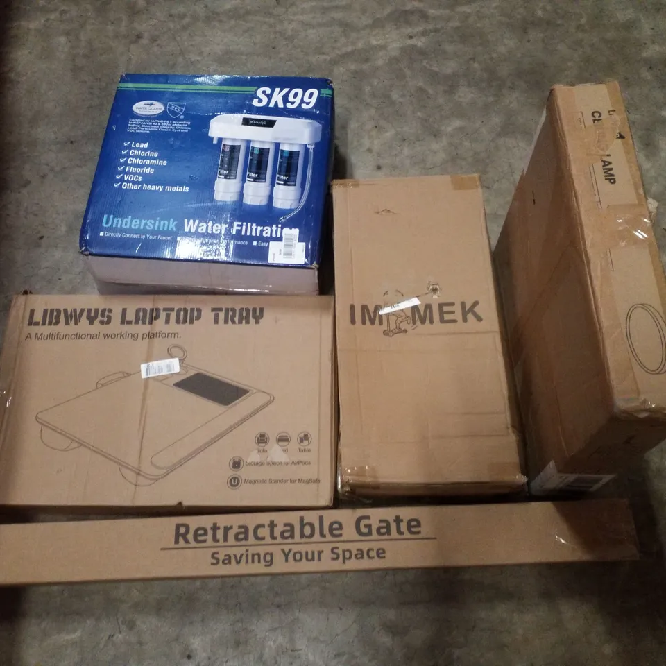 PALLET CONTAINING ASSORTED PRODUCTS INCLUDING UNDERSINK WATER FILTRATION, LAPTOP TRAY, RETRACTABLE SAFETY GATE, KIDS SCOOTER & CEILING LAMP