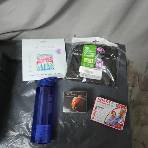 APPROXIMATELY 15 ASSORTED HOUSEHOLD ITEM TO INCLUDE REUSABLE SPOONS, WATER BOTTLE, SURVIVAL KIT, SMART DODGEBALL & 3D POPUP CARD